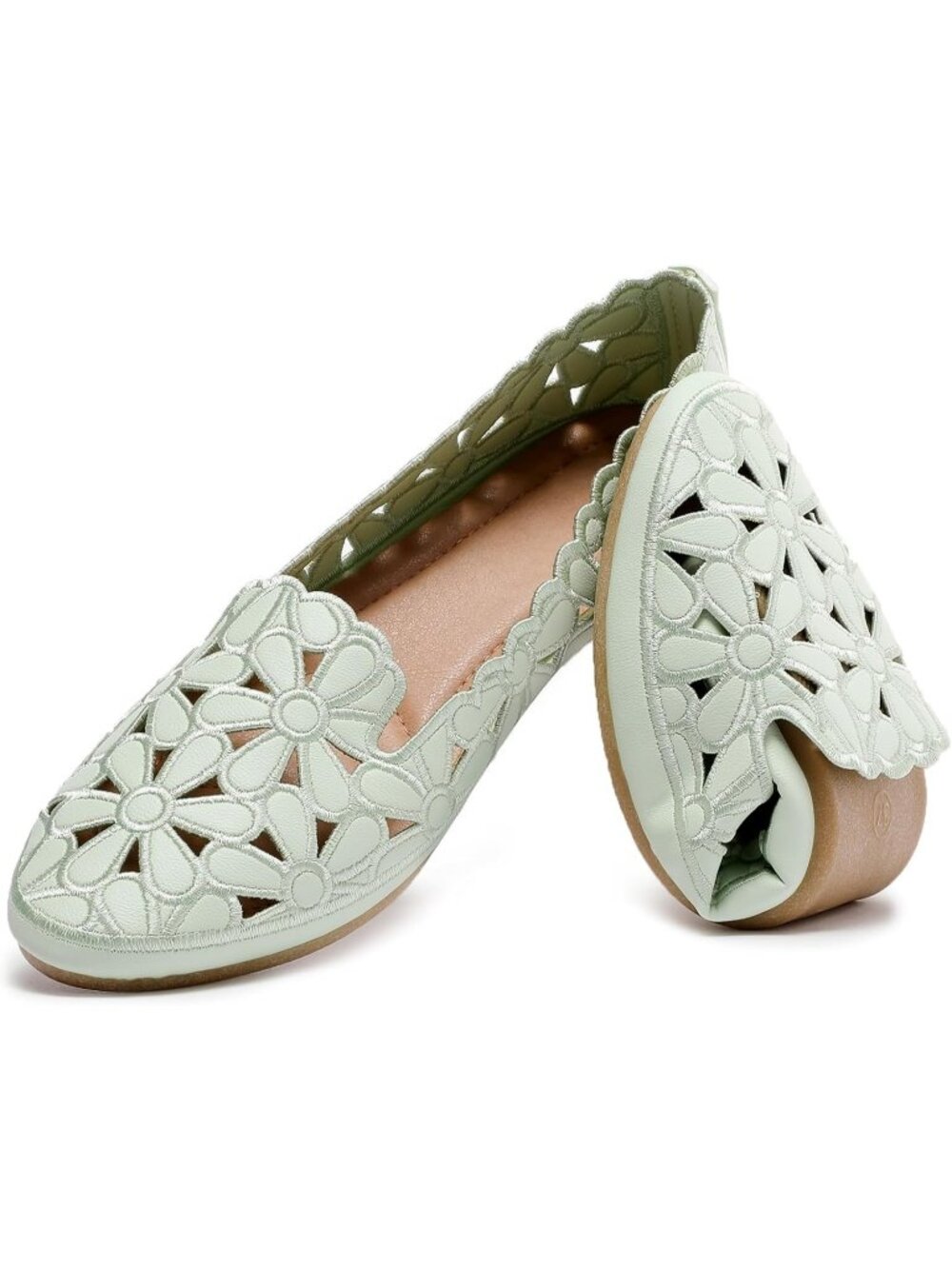 Women's Light Green PU leather Cute Floral Ballet Flats Round Toe Slip On Shoes